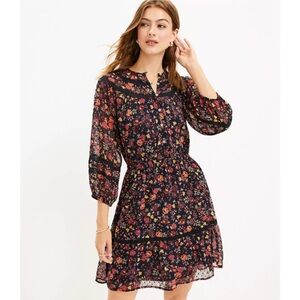 LOFT Black Floral Long Sleeve Dress